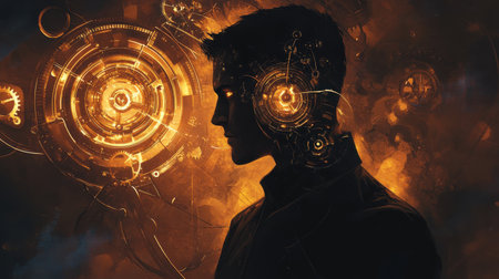 A portrait captures a man whose silhouette merges with intricate mechanical parts and glowing gears, evoking a tranquil yet powerful fusion of humanity and technology.の素材