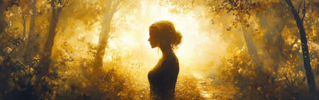 A woman stands peacefully in a luminous forest, her silhouette aglow with sunlight filtering through the trees, creating a harmonious blend of calm and natural beauty.の素材