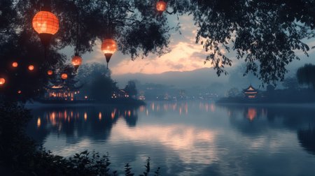 Glowing lanterns cast soft light over tranquil waters as evening falls. The calm lake reflects colors of twilight, creating a peaceful ambiance for relaxation and enjoyment.の素材