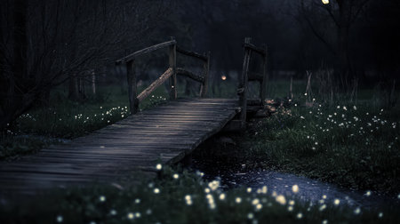 Under the soft glow of moonlight, a rustic wooden bridge spans a small stream, embraced by budding spring flowers, creating a serene, enchanting atmosphere at night.の素材