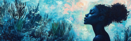 A woman radiates calm as she exists harmoniously with vibrant coral reefs and delicate seaweed. Her silhouette seamlessly merges with the soothing ocean depths, creating a peaceful aura.の素材
