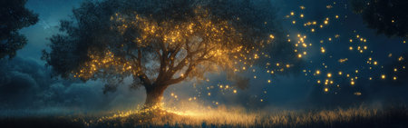 A majestic tree stands peacefully under the dusk sky, adorned with glowing fireflies that illuminate its branches softly, creating a magical atmosphere across the field.の素材