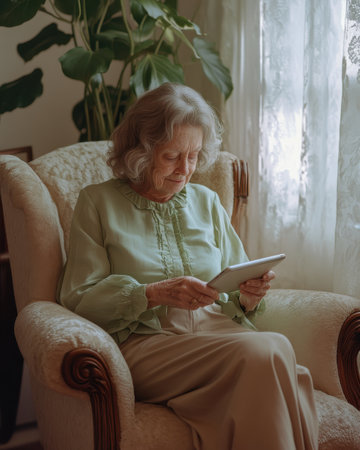 An elderly woman with soft waves in her light brown hair sits comfortably in a cream armchair, smiling gently as she engages with her tablet.の素材