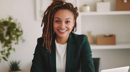 A young woman with medium-brown skin and stylish dreadlocks sits at a polished desk, smiling warmly while working on her laptop in a bright, modern workspace filled with natural light.の素材