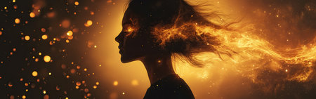 A woman stands peacefully, her features aglow with dancing flames and warm embers that create a serene ambiance in the twilight. The scene captures her strength and beauty.の素材