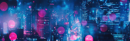 Bright bokeh circles in electric blue and pink illuminate a vibrant urban landscape, capturing the essence of nightlife in a bustling city. The dynamic colors suggest energy and excitement.の素材