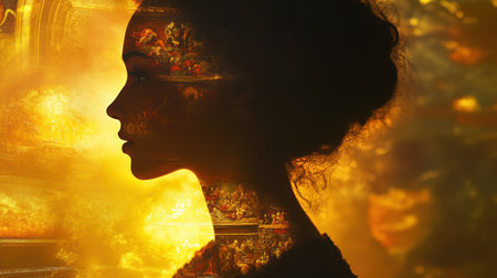 A glowing silhouette of a woman is framed by luminous Renaissance paintings, creating a mystical atmosphere filled with vibrant colors and artistic detail.の素材
