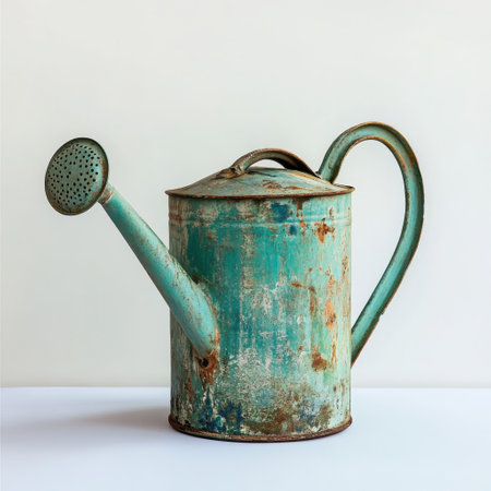 A single garden watering can featuring a vivid green body and a detachable spout is elegantly positioned on a clean white background, showing its rustic charm and functionality.の素材