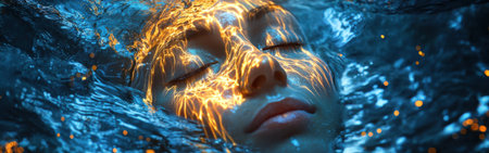 A swimmer floats peacefully, their face adorned with glowing ripples and golden waves. The ethereal light creates a magical underwater ambiance, enhancing the serene moment.の素材