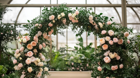 A couple exchanges vows in a botanical garden during a spring wedding ceremony. They stand before a stunning floral arch adorned with roses and peonies, celebrating their love.の素材