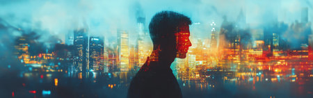 A man stands in silhouette against a backdrop of glowing skyscrapers, merging with the shimmering lights of a bustling metropolis at dusk, embodying both serenity and urban vitality.の素材