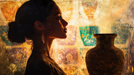A woman stands gracefully with a luminous expression, surrounded by radiant ancient pottery. Her silhouette merges with the enchanting motifs that evoke a rich cultural heritage.の素材