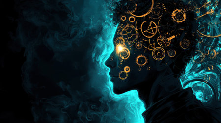 A man's silhouette is illuminated with glowing gears and mechanical elements, creating a seamless blend between his form and a mesmerizing clockwork design, evoking a serene atmosphere.の素材