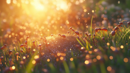 In a vibrant spring field, tiny ants work diligently in the early morning light, constructing mounds and transporting food back to their colony, surrounded by fresh dew.の素材