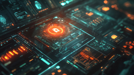 Financial dashboards integrate seamlessly with digital security visuals, showcasing a futuristic approach to safeguarding data and enhancing cybersecurity measures during analysis.の素材