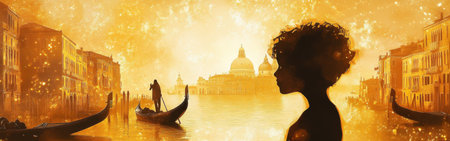 A child's silhouette is filled with glowing imagery of Venice, showcasing radiant gondolas moving through sunlit canals under a vibrant sky, evoking a sense of wonder and adventure.の素材