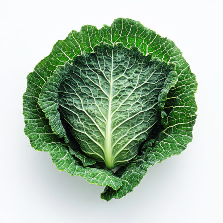 Highlighting a vibrant green cabbage leaf, this display shows its intricate ruffled edges and crisp texture, emphasizing freshness and natural beauty on a white background.の素材
