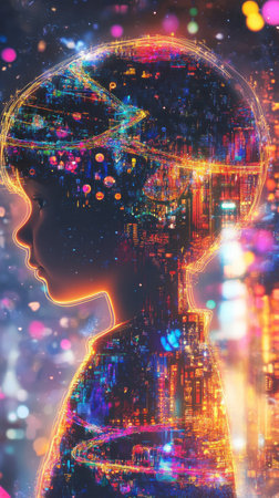 A child glows with vibrant energy, their silhouette outlined against a backdrop of shimmering neon towers and radiant interconnected skybridges, evoking a sense of futuristic wonder and vitality.の素材