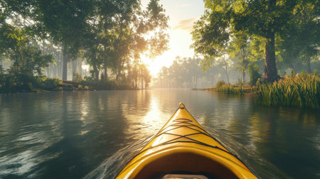 Experience a tranquil guided kayak tour through a calm spring river. Enjoy detailed views of vibrant flora and fauna along the journey, enhancing your appreciation of nature.の素材