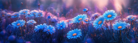 In a dreamlike meadow, daisies with vibrant neon blue petals and bright yellow centers bloom under a twilight sky. Ethereal purples and deep blues create a magical atmosphere.の素材