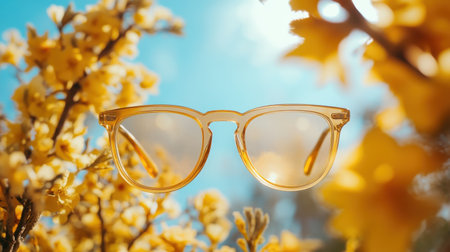 Enjoying a spring hike, a pair of stylish UV-sensitive glasses stand out among vibrant yellow flowers, offering sun exposure alerts to the wearer in bright sunlight.の素材