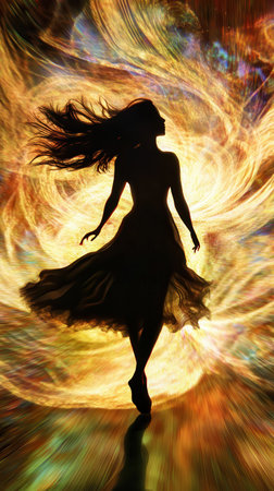 A woman stands in a radiant glow, her silhouette merging with swirling wind patterns. This representation captures the essence of freedom, movement, and the beauty of nature.の素材