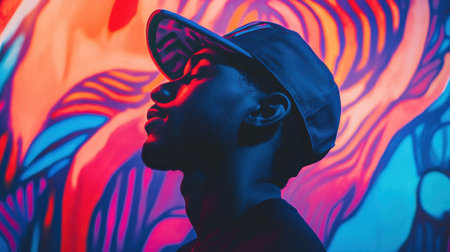 A man stands against a backdrop of radiant graffiti, his silhouette highlighted with bold neon colors. The urban art creates a lively atmosphere rich in creativity and expression.の素材
