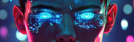 The artwork features a man's face transformed by intricate circuit patterns, with his eyes glowing like digital screens in a deep blue hue, creating a captivating blend of technology and humanity.の素材