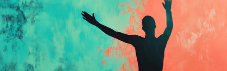 A bold silhouette of a human figure stretches upwards against a gradient background of teal and coral. This minimalist design evokes feelings of aspiration and creativity in a vibrant manner.の素材