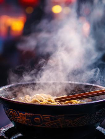 A close-up view reveals steaming noodles in a richly designed bowl, with chopsticks resting on the edge. The warm steam rises, enhancing the inviting atmosphere of a lively dining spot.の素材