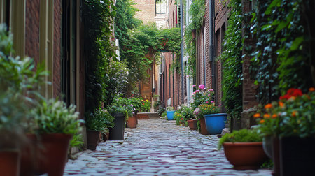 A narrow cobblestone alley showcases ivy-draped walls and vibrant flower pots lining the pathway. This historic location invites leisurely strolls amidst nature's beauty.の素材