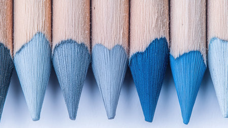 A collection of pencils with soft gradients in gray and blue hues showcases delicate frayed edges. The minimalist arrangement emphasizes the artistic potential of simple colors and textures.の素材