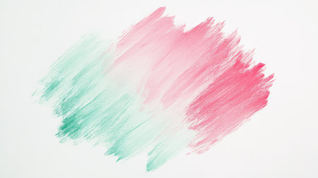 Soft pastel-colored strokes in pink and green create a minimalist background that gradually fades into white. The irregular blotches evoke a serene and artistic atmosphere, ideal for various projects.の素材