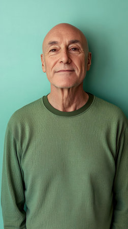 An older man stands confidently in front of a vibrant mint green background. His warm, dark brown eyes and relaxed posture highlight his approachable demeanor and experience.の素材