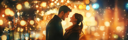 Under a warm glow of fairy lights, a couple enjoys a joyful moment, laughing and connecting in a charming outdoor atmosphere filled with romance.の素材