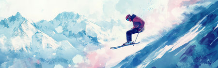 A skier performs an exhilarating jump, captured in mid-air against a backdrop of majestic snow-covered mountains. The vibrant watercolor background adds to the adventurous scene.の素材