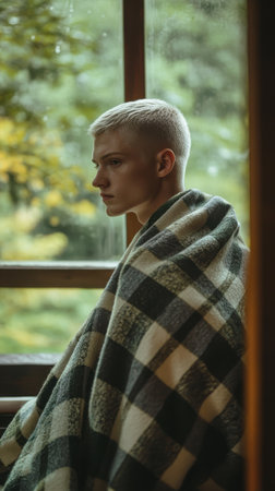 A young man with short blond hair sits quietly on a bench, wrapped in a plaid blanket. He gazes thoughtfully at the blurred greenery outside, with warm wooden tones enhancing the calming atmosphere.の素材