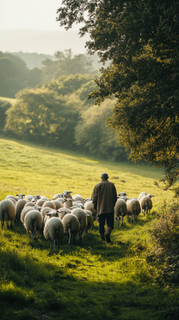 A farmer leads his flock of sheep through a lush green field during the golden hour, showcasing rural life in harmony with nature and highlighting the beauty of agricultural landscapes.の素材
