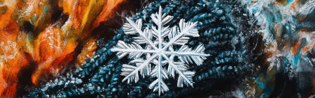Delicate snowflake captured on a textured dark woolen glove, showcasing intricate patterns. The background features vibrant watercolor hues, creating a stunning contrast.の素材
