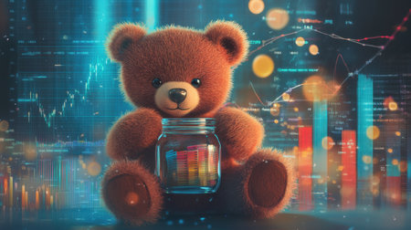 A teddy bear holds a savings jar filled with colorful coins, set against a backdrop of financial symbols and vibrant bar charts. This creative concept emphasizes financial literacy and savings.の素材