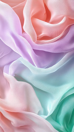 Soft layers of pastel coral, mint green, and lavender elegantly overlap, creating a harmonious abstract composition that evokes a sense of serenity and sophistication in design.の素材