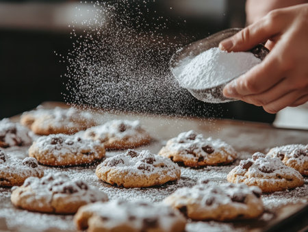 A baker uses a sieve to sprinkle powdered sugar over warm cookies in a rustic kitchen. The delightful aroma fills the air as afternoon light filters in.の素材