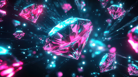 Bold neon pink and teal diamonds float against a deep black backdrop, radiating with glowing accents that enhance the futuristic and playful aesthetic of the design.の素材