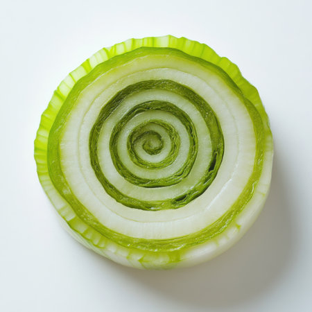 A fresh leek slice reveals its intricate concentric rings of green and white. This display highlights the vegetable's natural beauty on a pristine white background.の素材