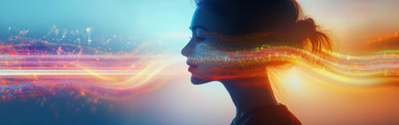 A woman stands in a tranquil environment, illuminated by radiant sound waves that flow across her silhouette, blending her features into a beautiful visual melody.の素材