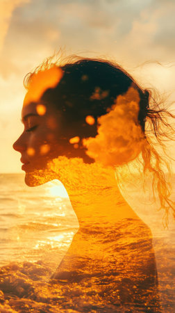 A serene beach at sunset showcases a woman's silhouette glowing with radiant colors. Waves crash gently, embodying a sense of calm and internal strength amidst the serene backdrop.の素材