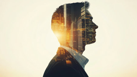 The image depicts a professional investor's silhouette merged with venture capital symbols and financial graphs against a sunset backdrop.の素材