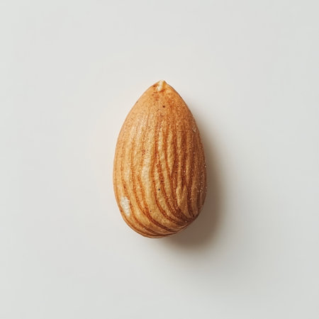 A single roasted almond is placed prominently on a pristine white background. Its light golden-brown hue highlights the nut's smooth surface and natural texture.の素材