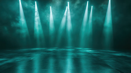 Dark teal and silver beams stream through fog, creating an elegant cinematic atmosphere. The reflective surface adds depth, inviting curiosity and a sense of mystery.の素材