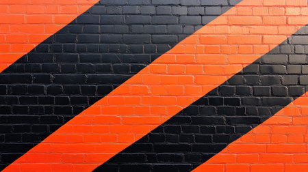 A vibrant brick wall is decorated with alternating stripes of black and bright orange, creating a striking visual impact that enhances the surrounding urban environment.の素材